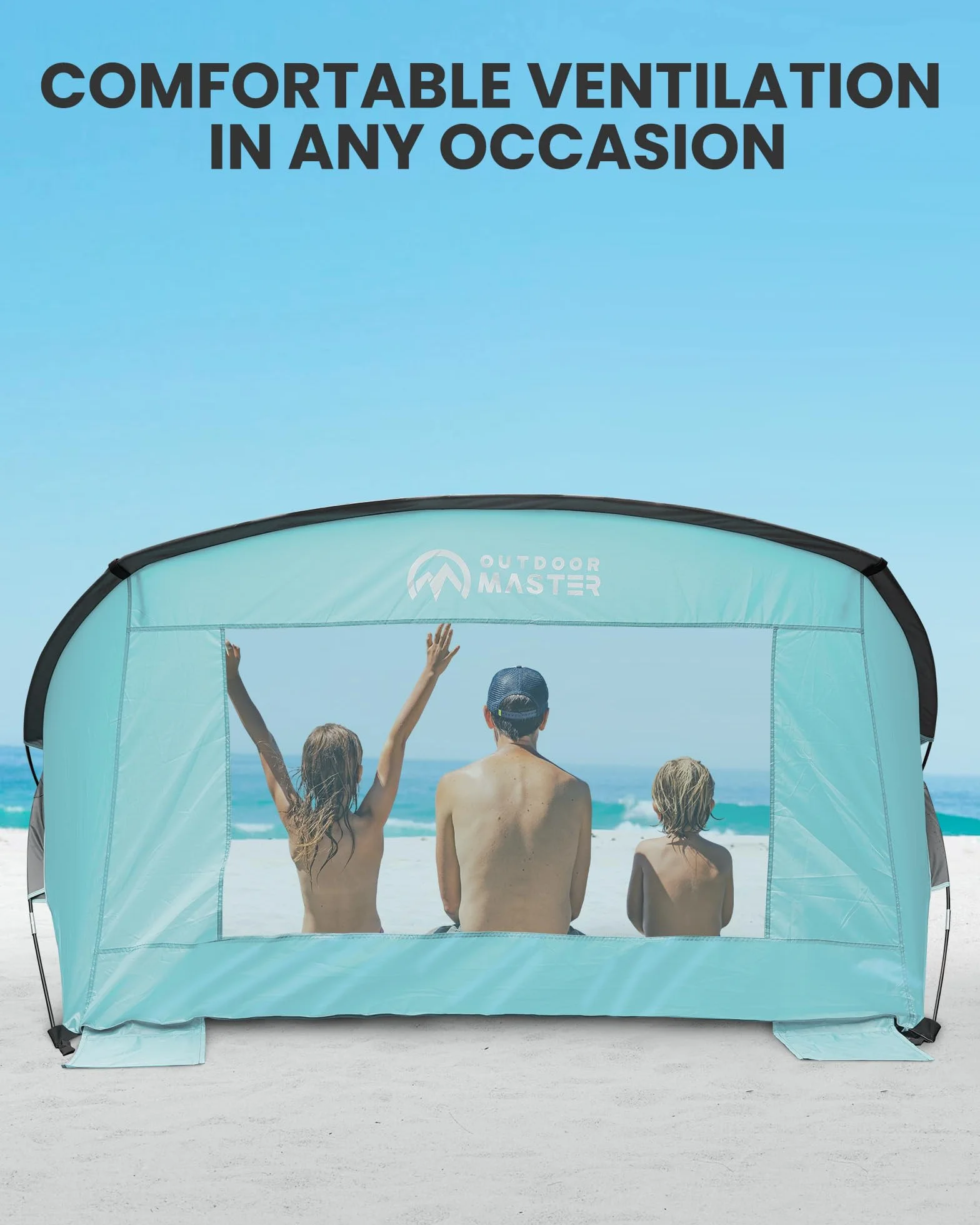 OutdoorMaster Namiot plażowy dla 3-4 osób, łatwy montaż i przenośny, baldachim przeciwsłoneczny z ochroną UPF 50+, zdejmowany świetlik, rozmiar rodzinny, jasnozielony