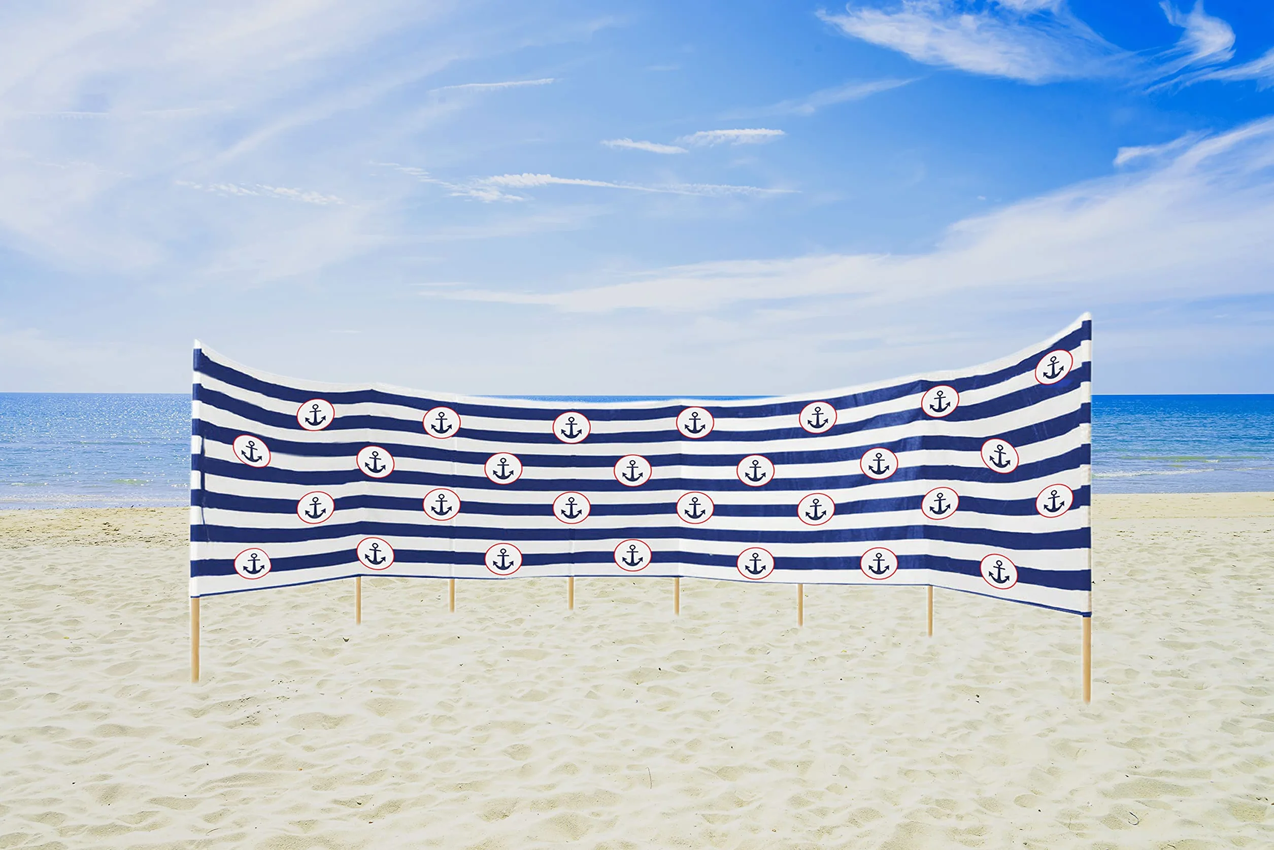 Ferocity Ochrona przed wiatrem o długości 10 m, ochrona prywatności na plażę, do ogrodu, nad morze, przed wiatrem, ochrona przed spojrzeniami + gumowy młotek gratis, niebiesko-białe paski, kotwica