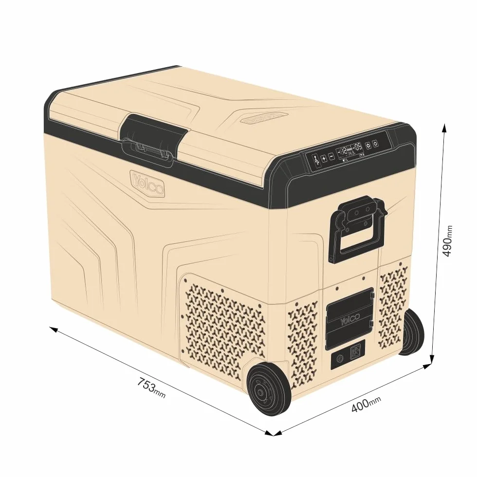 Yolco TCX50 piaskowa lodówka podróżna z kompresorem, 50 l + akumulator – Dual Zone, -20°C, 12/24 V i 230 V, aplikacja Bluetooth, lodówka i zamrażarka z rolkami, na kemping i w podróży