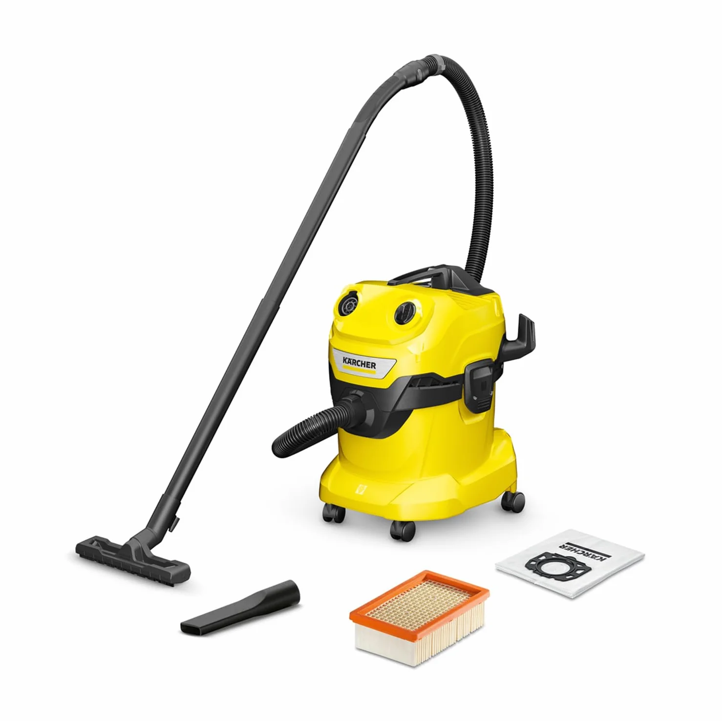 Kärcher odkurzacz na mokro/sucho WD 4 V-20/5/22, moc: 1000 W, plastikowy pojemnik: 20 l, wąż: 2,2 m, funkcja wydmuchu, płaski filtr falisty, ssawka podłogowa i szczelinowa, worek filtrujący