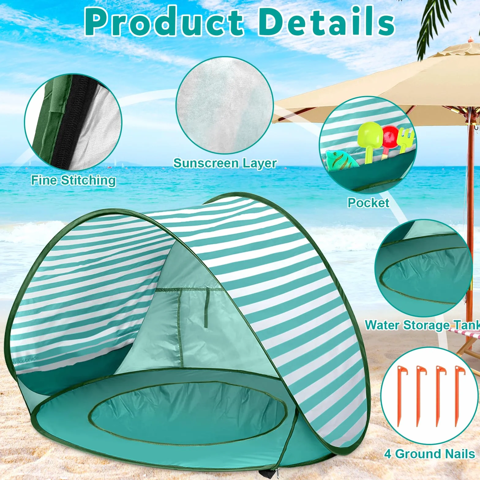 Namiot Plażowy dla Dzieci Automatyczny, Namiot Plażowy z Minibasenikiem, Ochrona UV UPF 50+, Przenośny Namiot Plażowy dla Dzieci Na Plażę, Kemping, do Ogrodu, Worek do Przechowywania w Zestawie