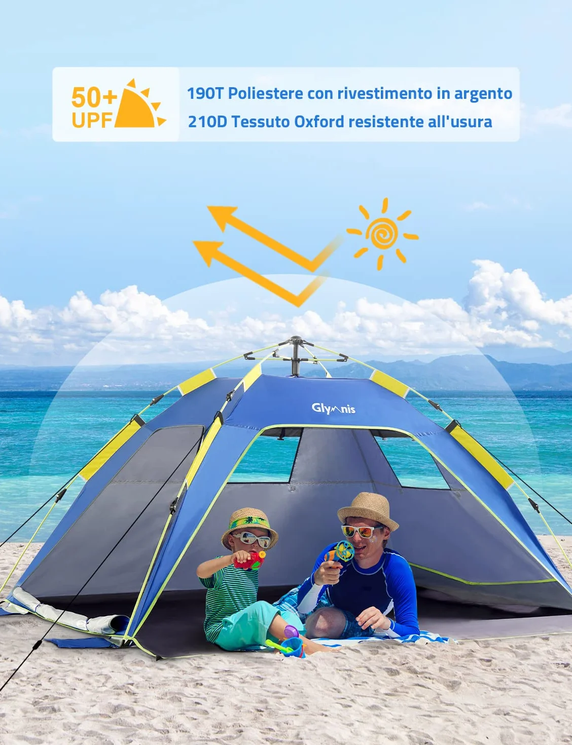 Glymnis Namiot Plażowy Quick Up - Namiot Plażowy z Zamkiem Błyskawicznym, Ochrona przed Promieniowaniem UV 50+, Mały Rozmiar Po Spakowaniu, Dla 3-4 Osób