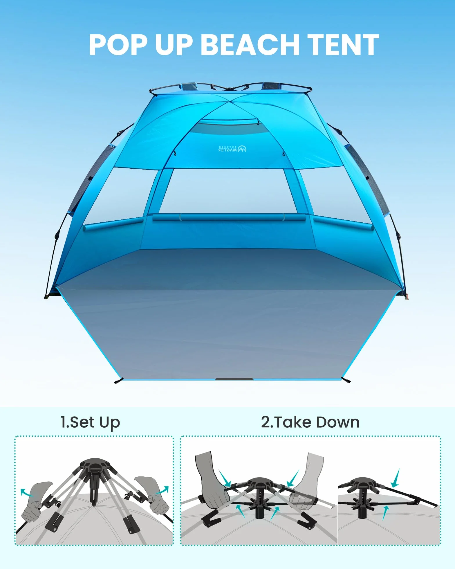OutdoorMaster Pop Up 3-4-osobowy namiot plażowy XL, łatwy montaż, przenośny żagiel plażowy, składany żagiel przeciwsłoneczny z ochroną UV UPF 50+, zdejmowany świetlik, rozmiar rodzinny (niebieski)