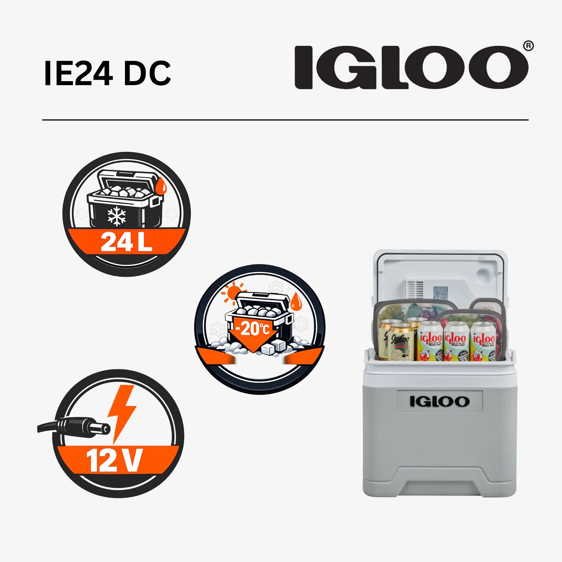 IGLOO IE24DC elektryczna lodówka turystyczna 12V, 24L – kompaktowa lodówka samochodowa na kemping, wakacje, łódź i festiwale, lekka i przenośna, z praktycznym schowkiem na kabel