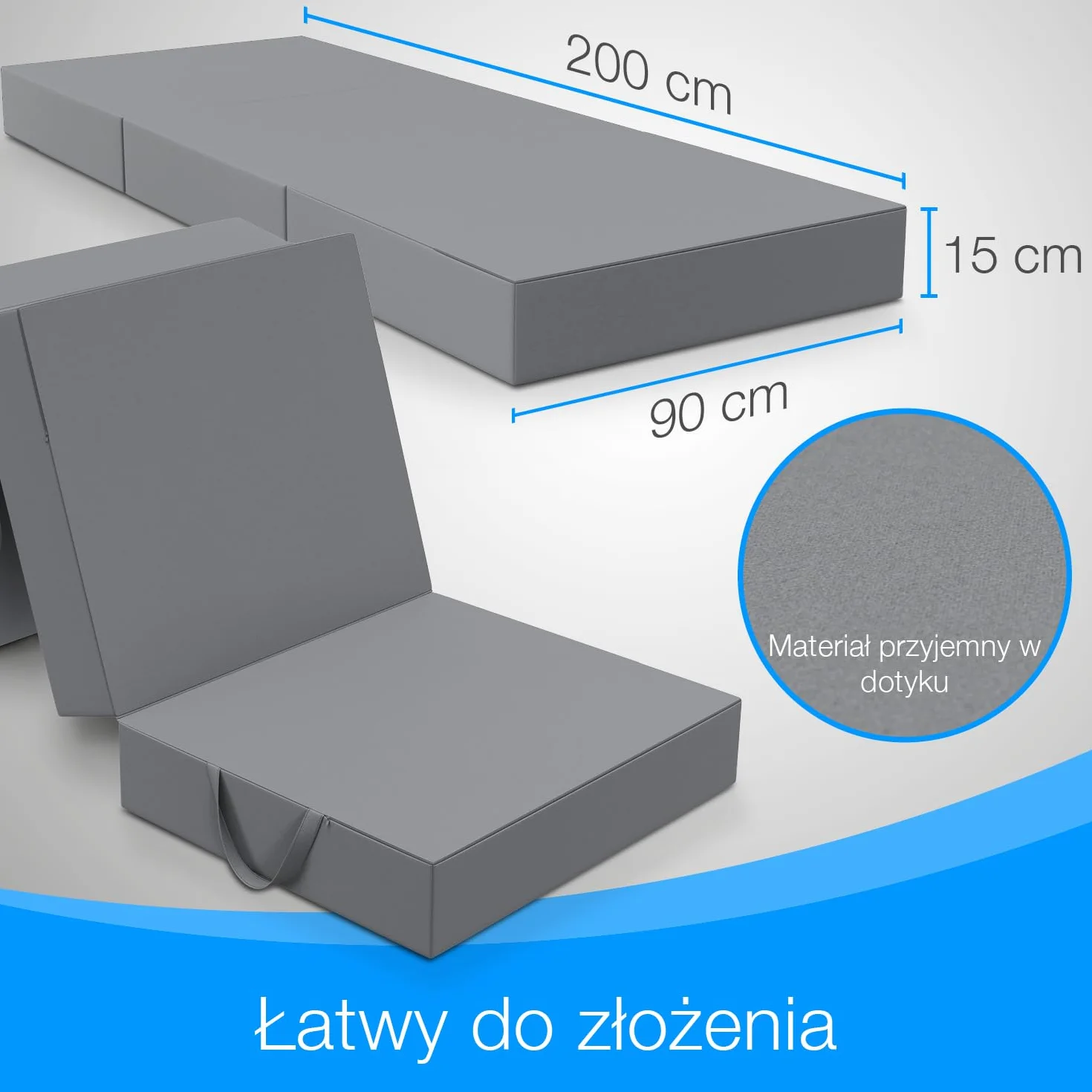 ELONEO Materac Składany - 3-Częściowy Materac Turystyczny dla Osoby Dorosłej, Pianka o Grubości 15 cm, Nadaje Się do Prania, Jednoosobowy (Szary, 90 x 200 x 15 cm)