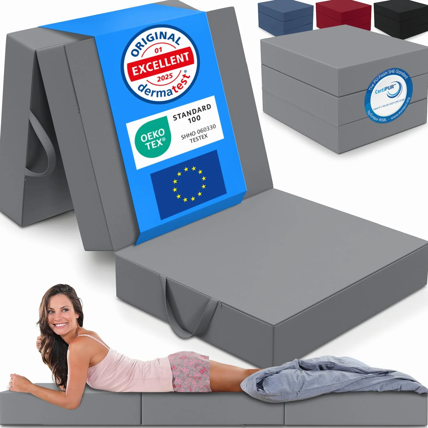 ELONEO Materac Składany - 3-Częściowy Materac Turystyczny dla Osoby Dorosłej, Pianka o Grubości 15 cm, Nadaje Się do Prania, Jednoosobowy (Szary, 90 x 200 x 15 cm)