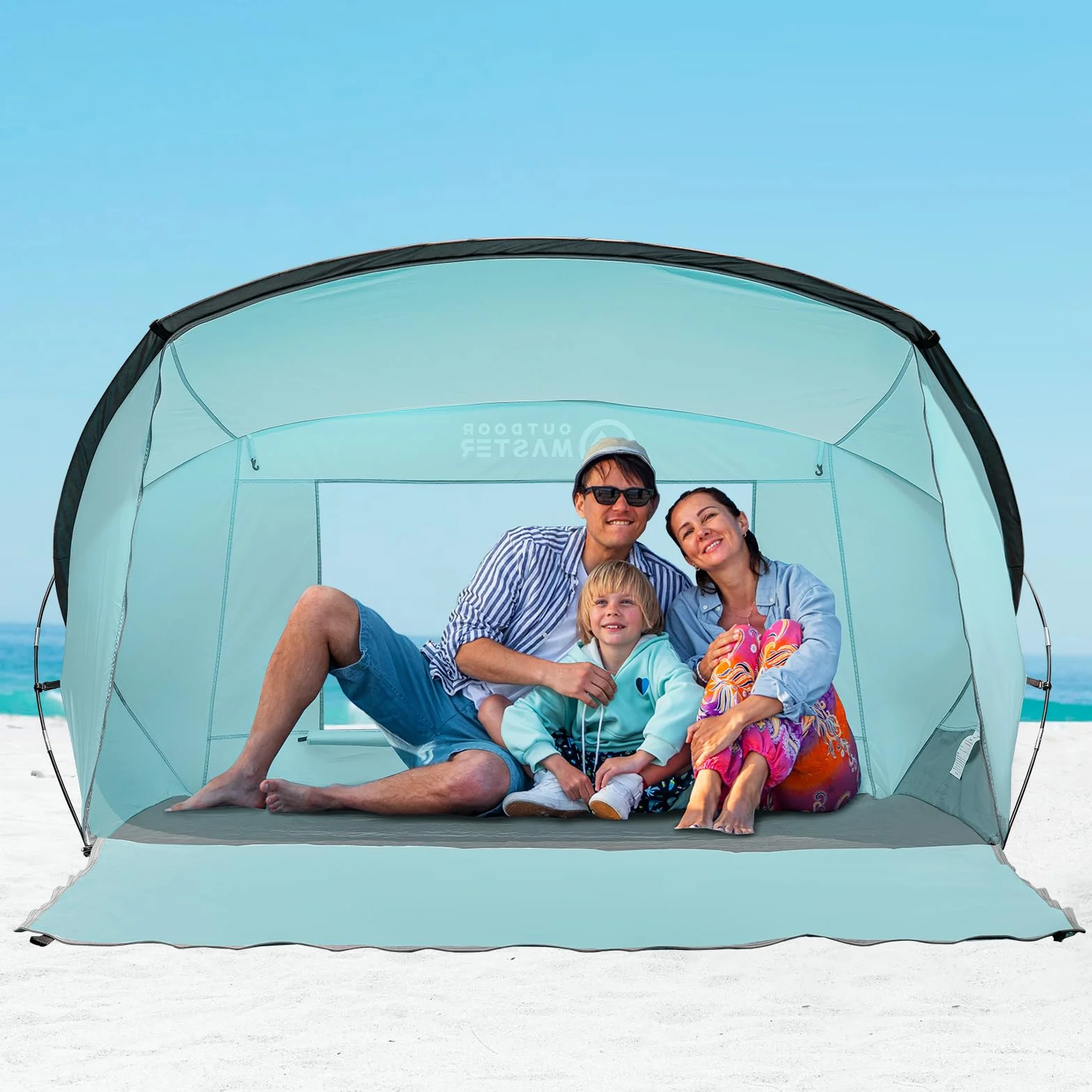 OutdoorMaster Namiot plażowy dla 3-4 osób, łatwy montaż i przenośny, baldachim przeciwsłoneczny z ochroną UPF 50+, zdejmowany świetlik, rozmiar rodzinny, jasnozielony