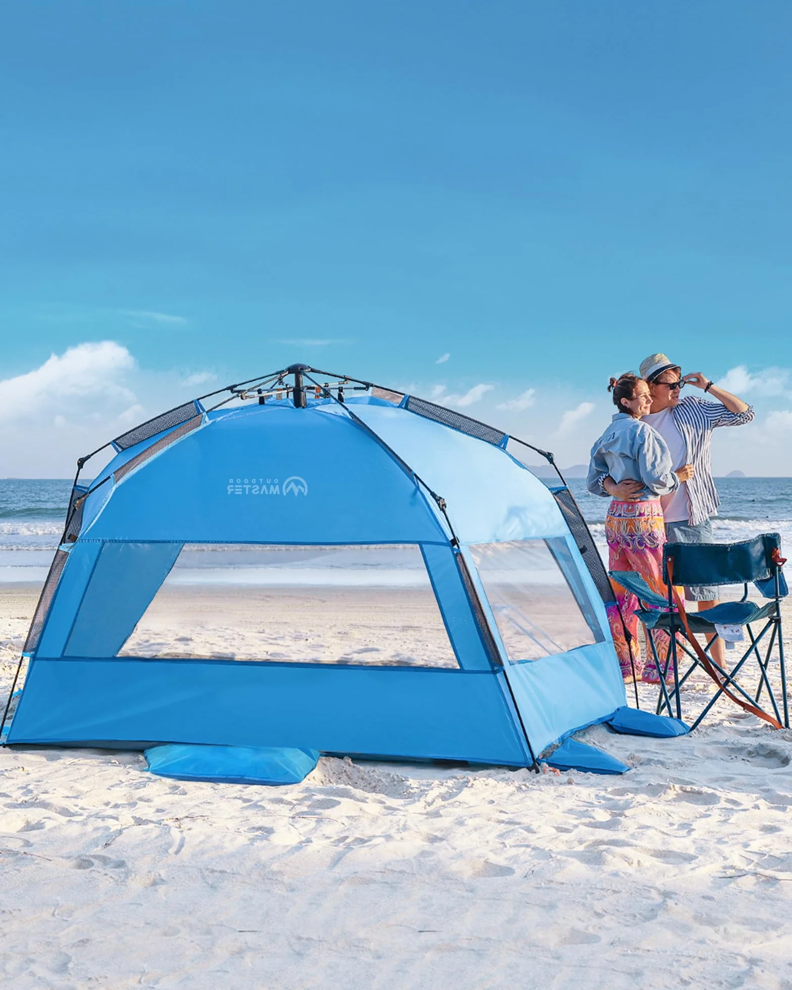 OutdoorMaster Pop Up 3-4-osobowy namiot plażowy XL, łatwy montaż, przenośny żagiel plażowy, składany żagiel przeciwsłoneczny z ochroną UV UPF 50+, zdejmowany świetlik, rozmiar rodzinny (niebieski)
