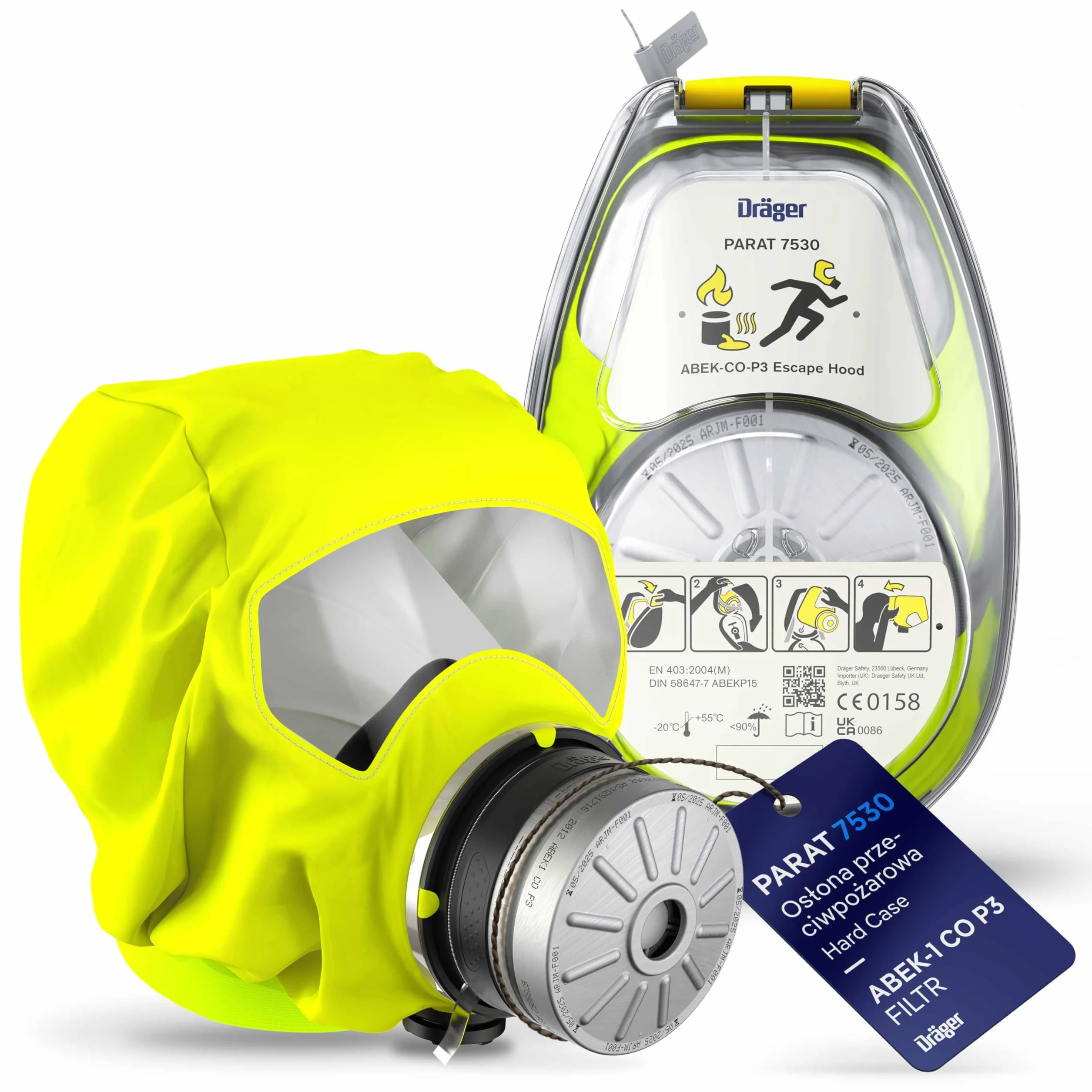 Dräger PARAT 7530 kombinowany okap przeciwpożarowy i przemysłowy | skuteczna osłona ratunkowa z filtrem kombi ABEK CO P3 | Hard Case