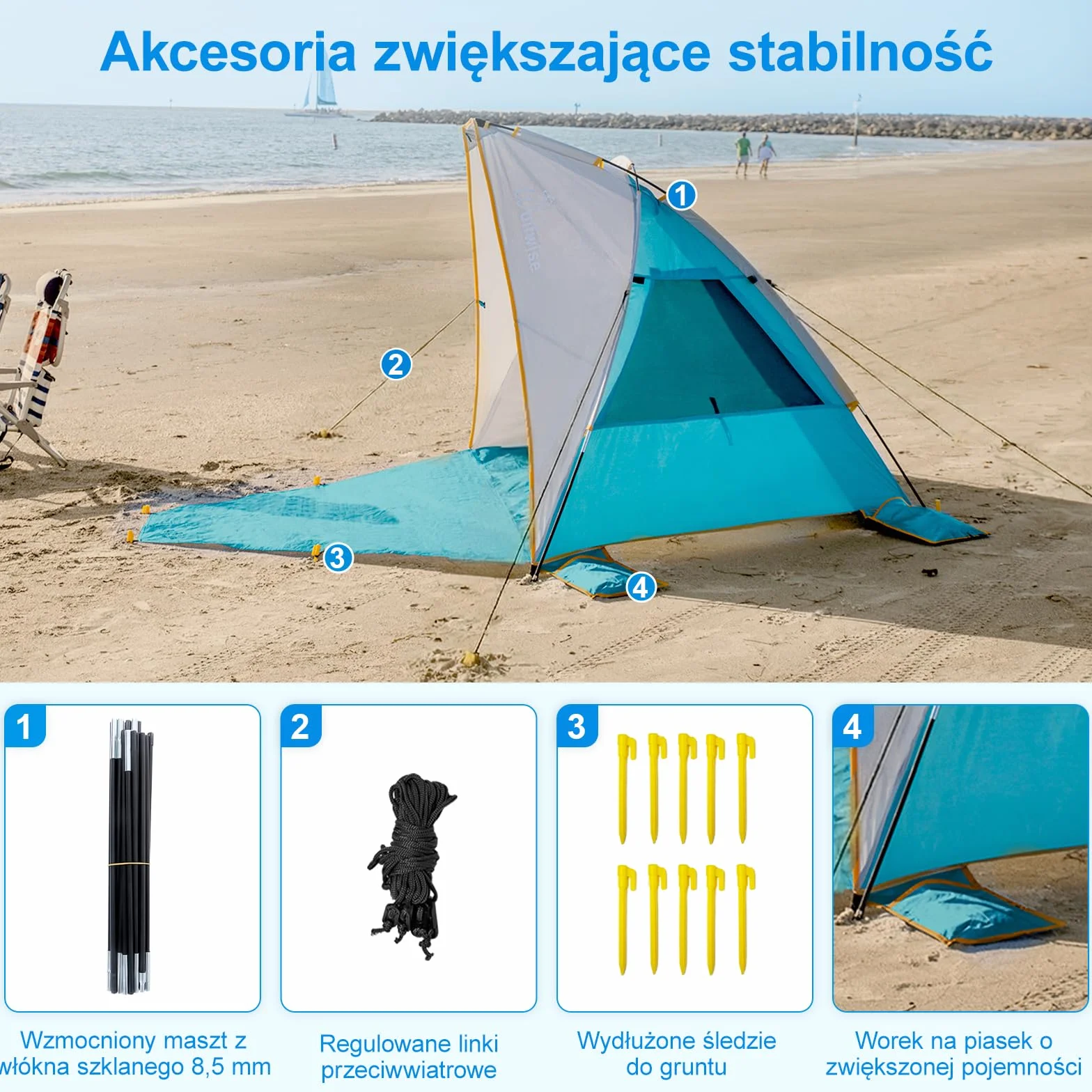 WolfWise muszla plażowa z ochroną UV 50+, namiot na plaży dla 2-3 osób, ochrona przed słońcem i wiatrem z rozszerzalnym dnem, przenośny namiot dla rodziny, kempingu, ogrodu, 210 x 115 x 125 cm (83 x