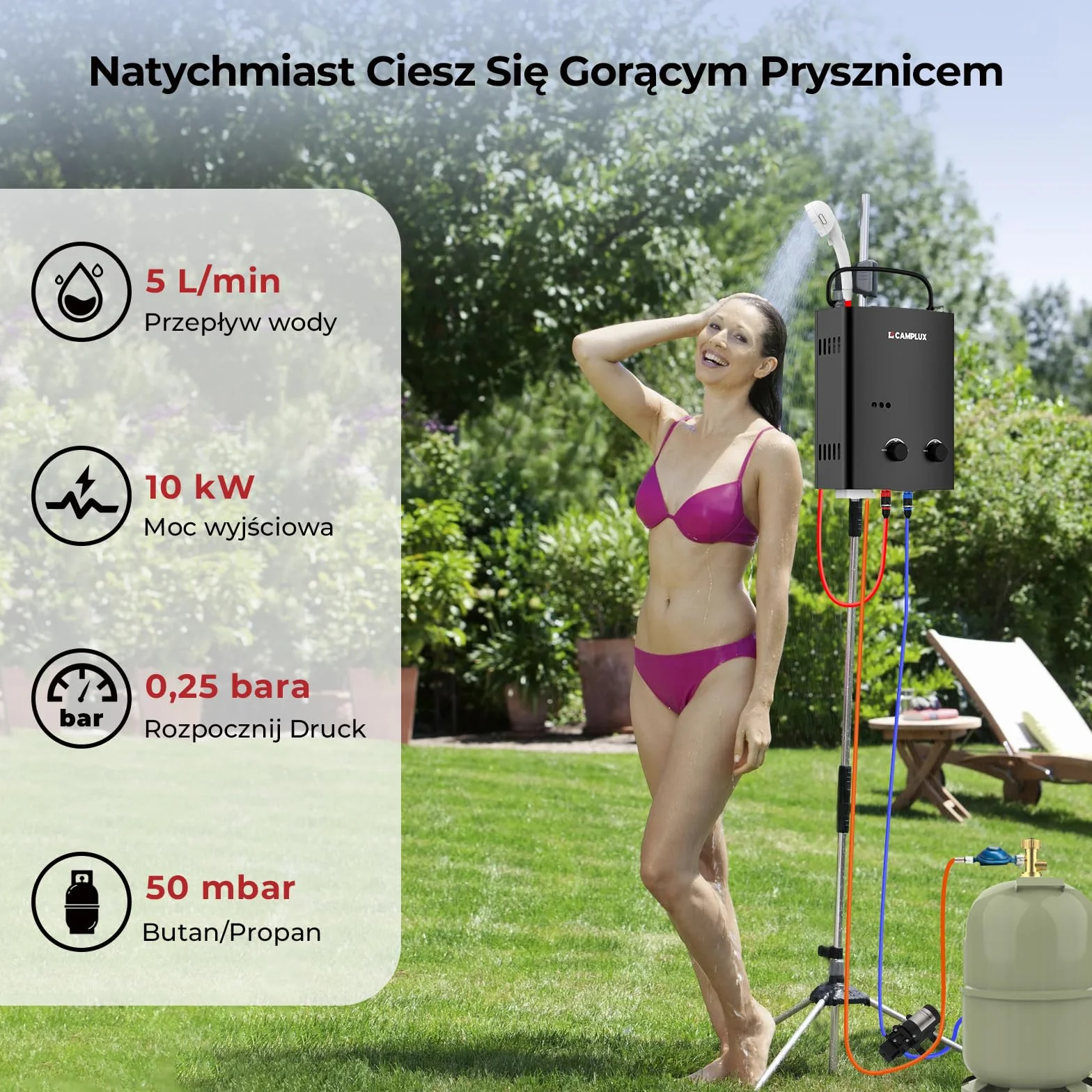 CAMPLUX AY132BP43-DE 5L Gazowy Podgrzewacz Wody z Pompką Wodną 12V, 10kW
