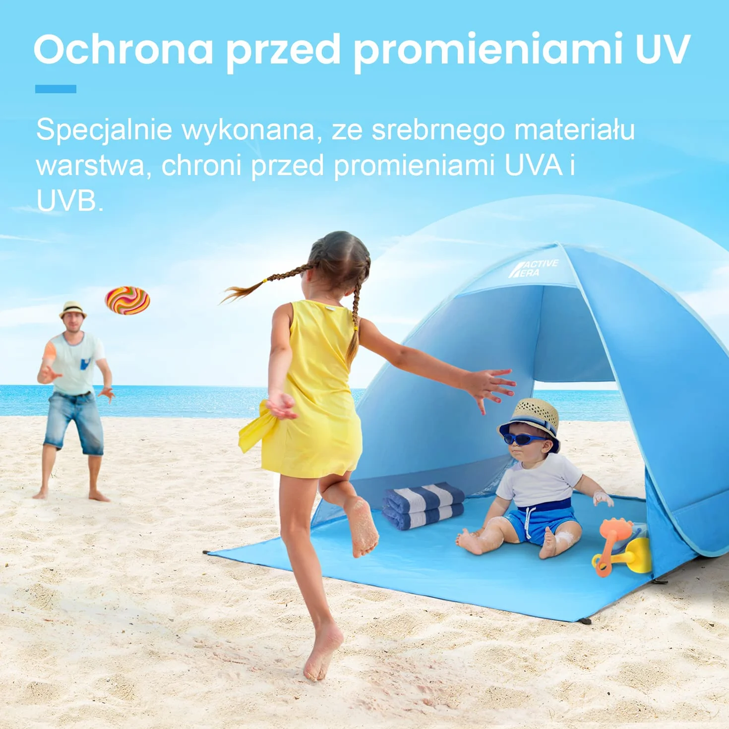 Active Era Namiot Plażowy Pop-Up, Samorozkładający, 2 3 Osobowy, Ogrodowy Dla Dzieci Na Plażę Dorosłych, Kempingowy Rozkładany Lekki Przeciwsłoneczny UPF 50+, z Moskitierą, Osłona przed Promieniowaniem, Niebieski