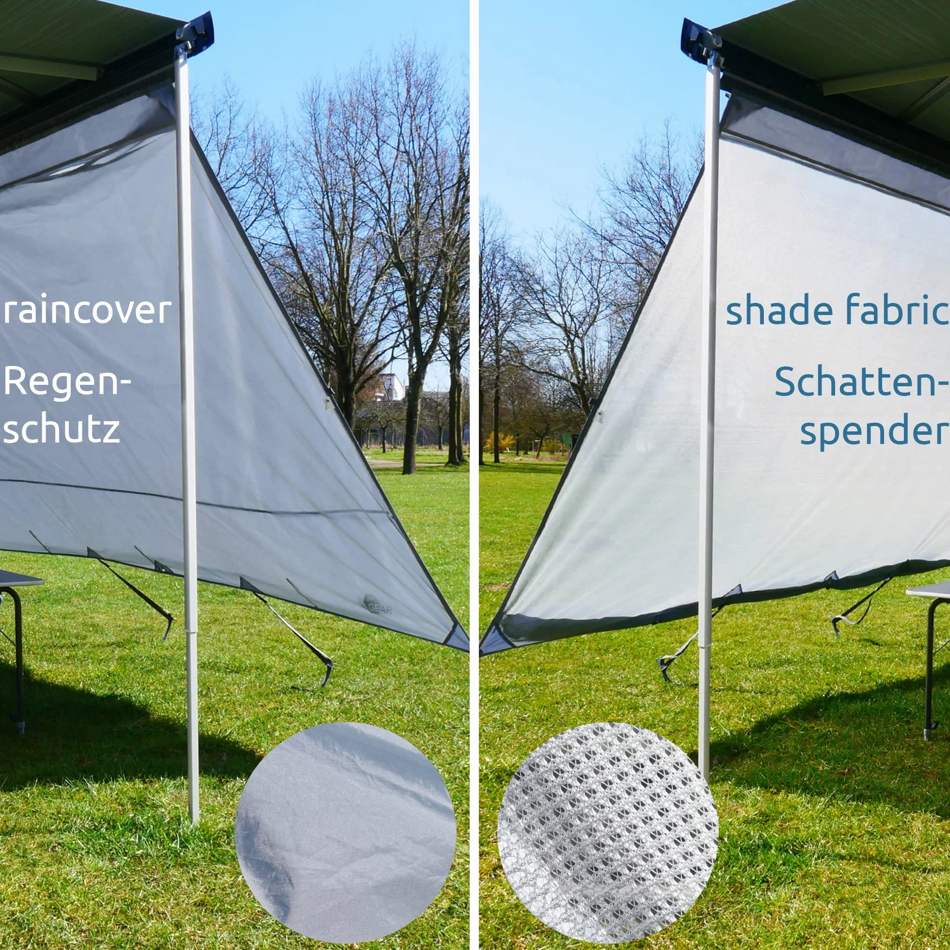 your GEAR Sun & Rain Blocker – przednia ścianka markizy lub ściany boczne do markizy – różne rozmiary – ochrona UPF 50+, słup wody 5000 mm, 3 paski o Ø 4,3 6,2 i 7 mm, szerokości od 240 do 480 cm