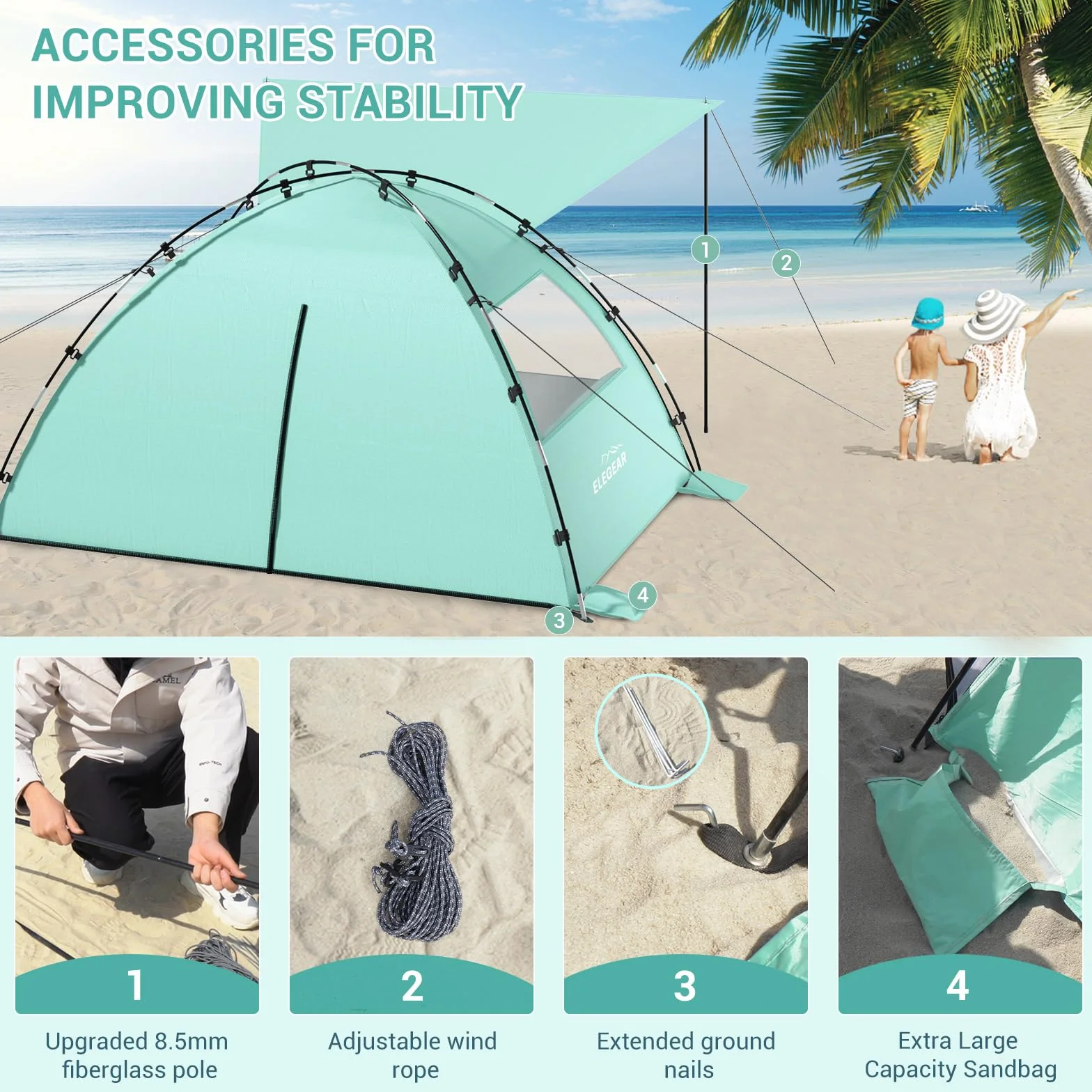 Elegear Namiot plażowy dla 4-5 osób z bardzo dużym zadaszeniem, przenośny namiot przeciwsłoneczny z ochroną UV UPF 50+, osłona plażowa z rozkładaną werandą, łatwy montaż namiotu przeciwsłonecznego na