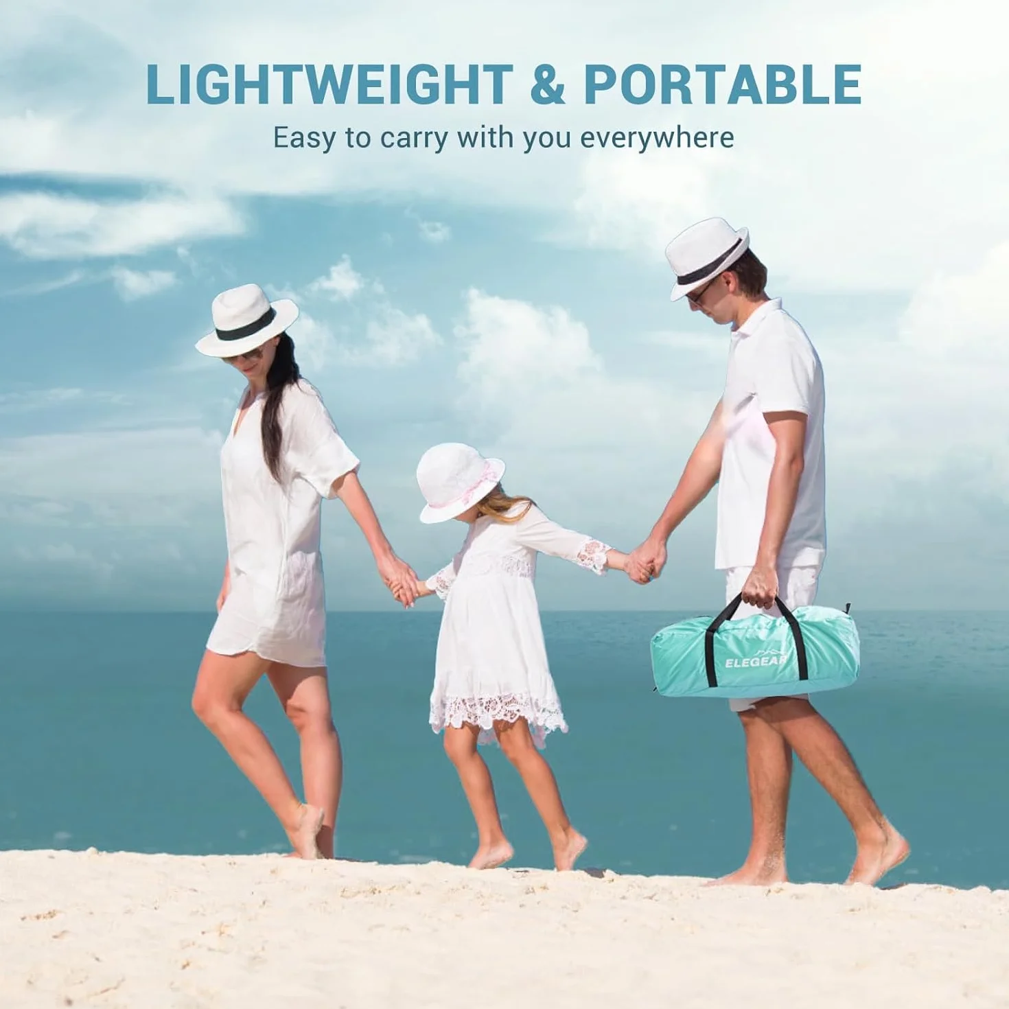 Elegear Namiot plażowy dla 4-5 osób z bardzo dużym zadaszeniem, przenośny namiot przeciwsłoneczny z ochroną UV UPF 50+, osłona plażowa z rozkładaną werandą, łatwy montaż namiotu przeciwsłonecznego na
