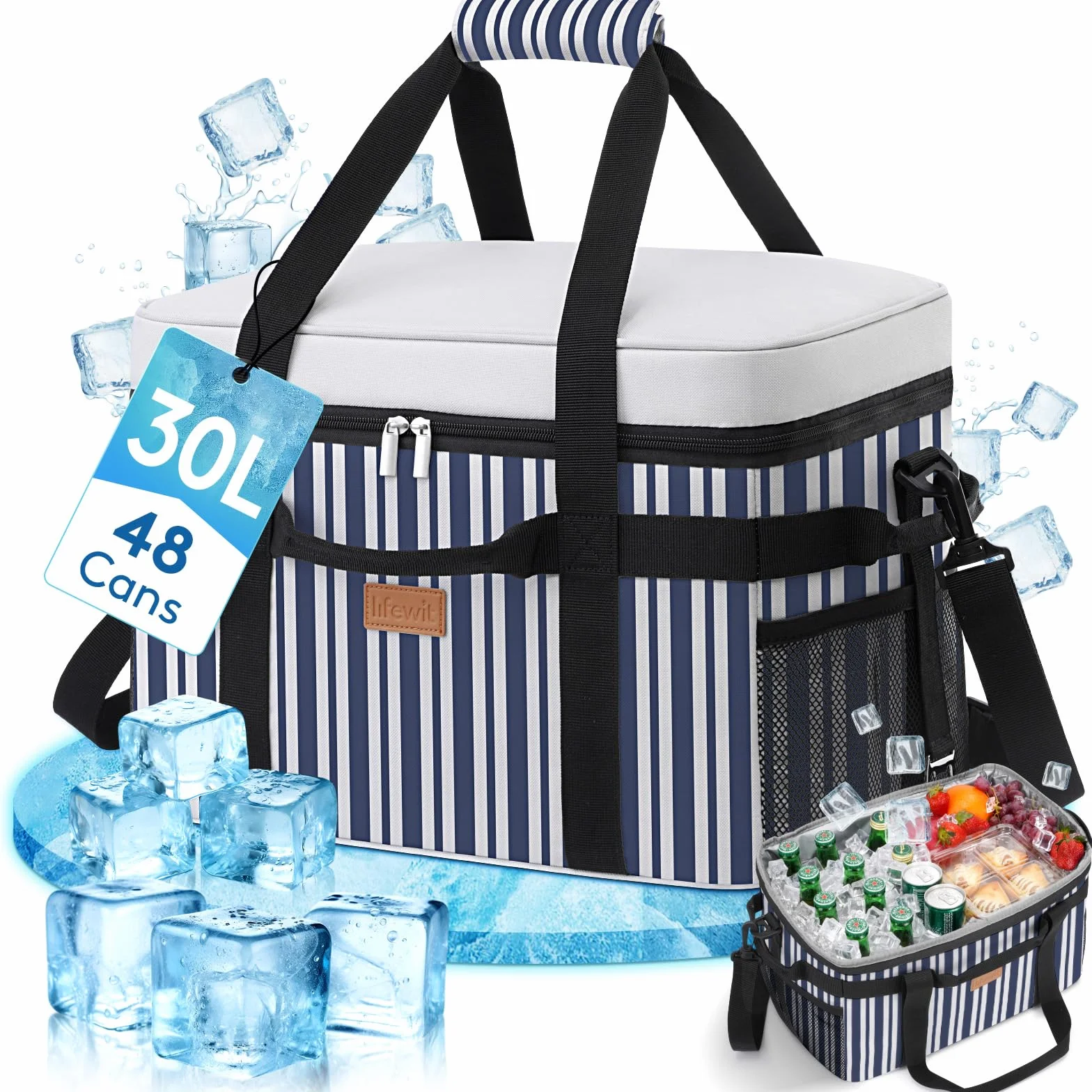 Lifewit Torba Termiczna 30L, Duża Torba na Lunch Izolowana, Lunch Box Dla Kobiet Mężczyzn, Cooler Bag Przenośna z Wieloma Uchwytami na Piknik Camping Grill, Niebiesko-szare Paski