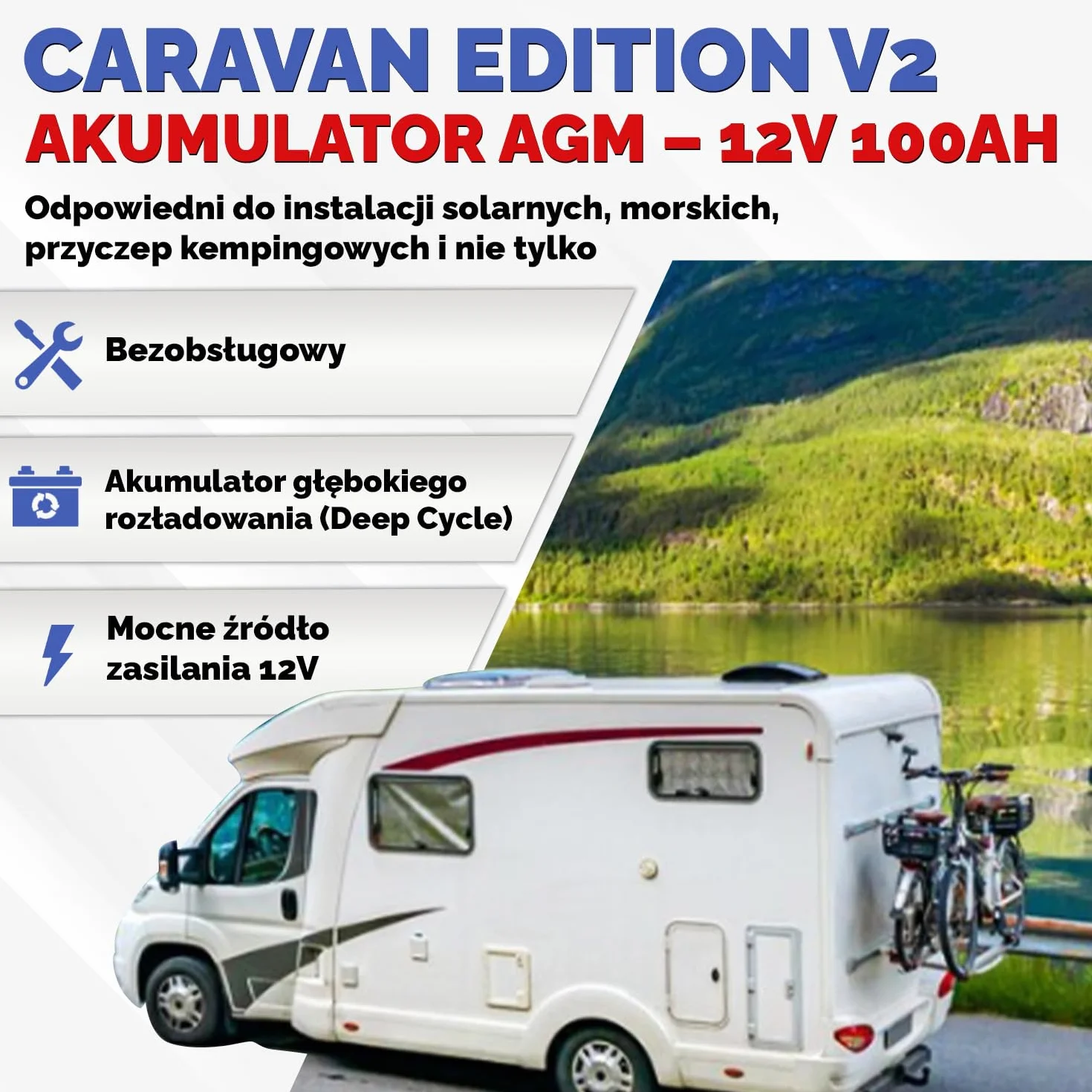 Electronicx AGM CARAVAN akumulator zasilający 12V 100Ah / 100 Ah Deep Cycle – zamknięty, biegun dodatni po prawej stronie-do kampera,systemów solarnych-akumulator cykliczny do zastosowań rekreacyjnych