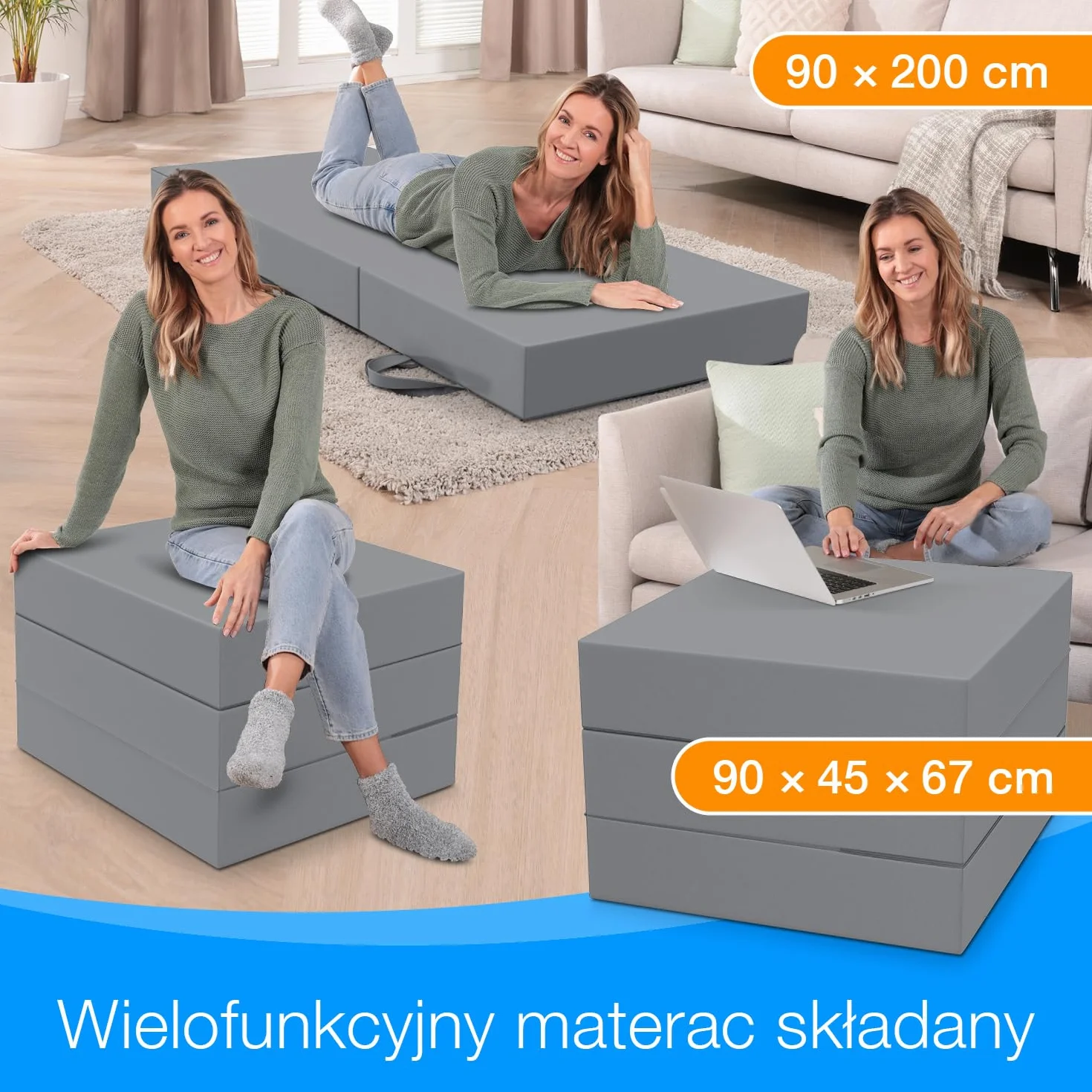 ELONEO Materac Składany - 3-Częściowy Materac Turystyczny dla Osoby Dorosłej, Pianka o Grubości 15 cm, Nadaje Się do Prania, Jednoosobowy (Szary, 90 x 200 x 15 cm)