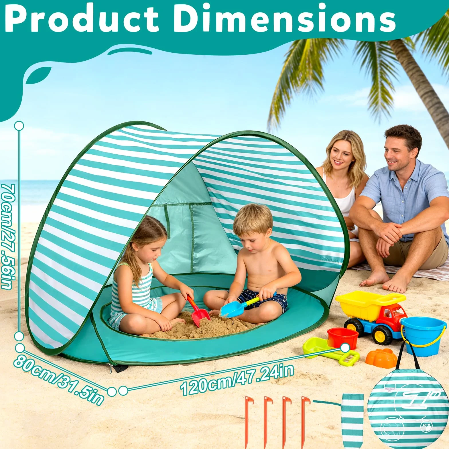 Namiot Plażowy dla Dzieci Automatyczny, Namiot Plażowy z Minibasenikiem, Ochrona UV UPF 50+, Przenośny Namiot Plażowy dla Dzieci Na Plażę, Kemping, do Ogrodu, Worek do Przechowywania w Zestawie