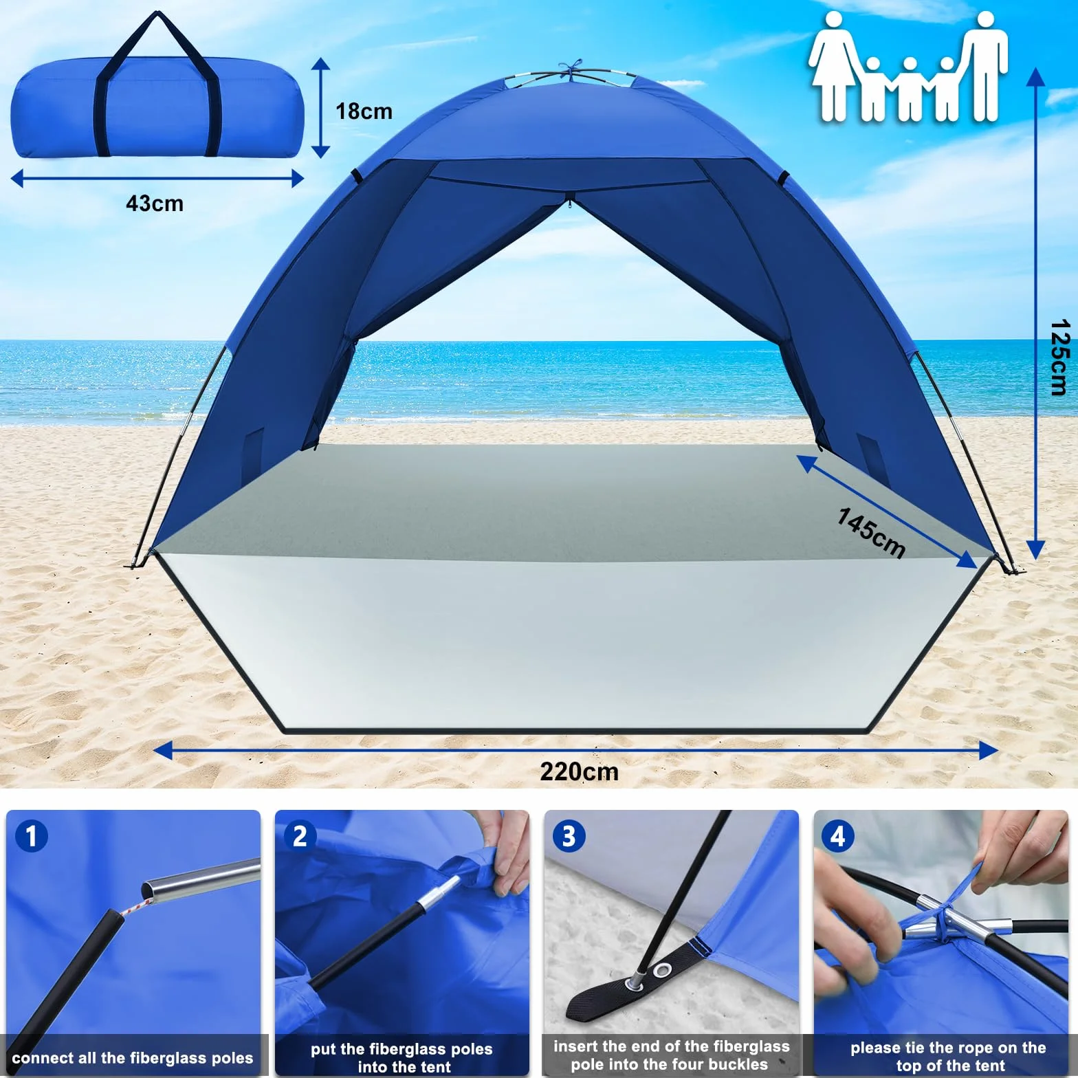 Namiot plażowy, przenośny namiot plażowy dla 1-3/3-4/5-6 osób 50+ anty-UV namiot plażowy z rozszerzoną werandą z zamkiem błyskawicznym na piknik, plażę, ogród, wędkowanie