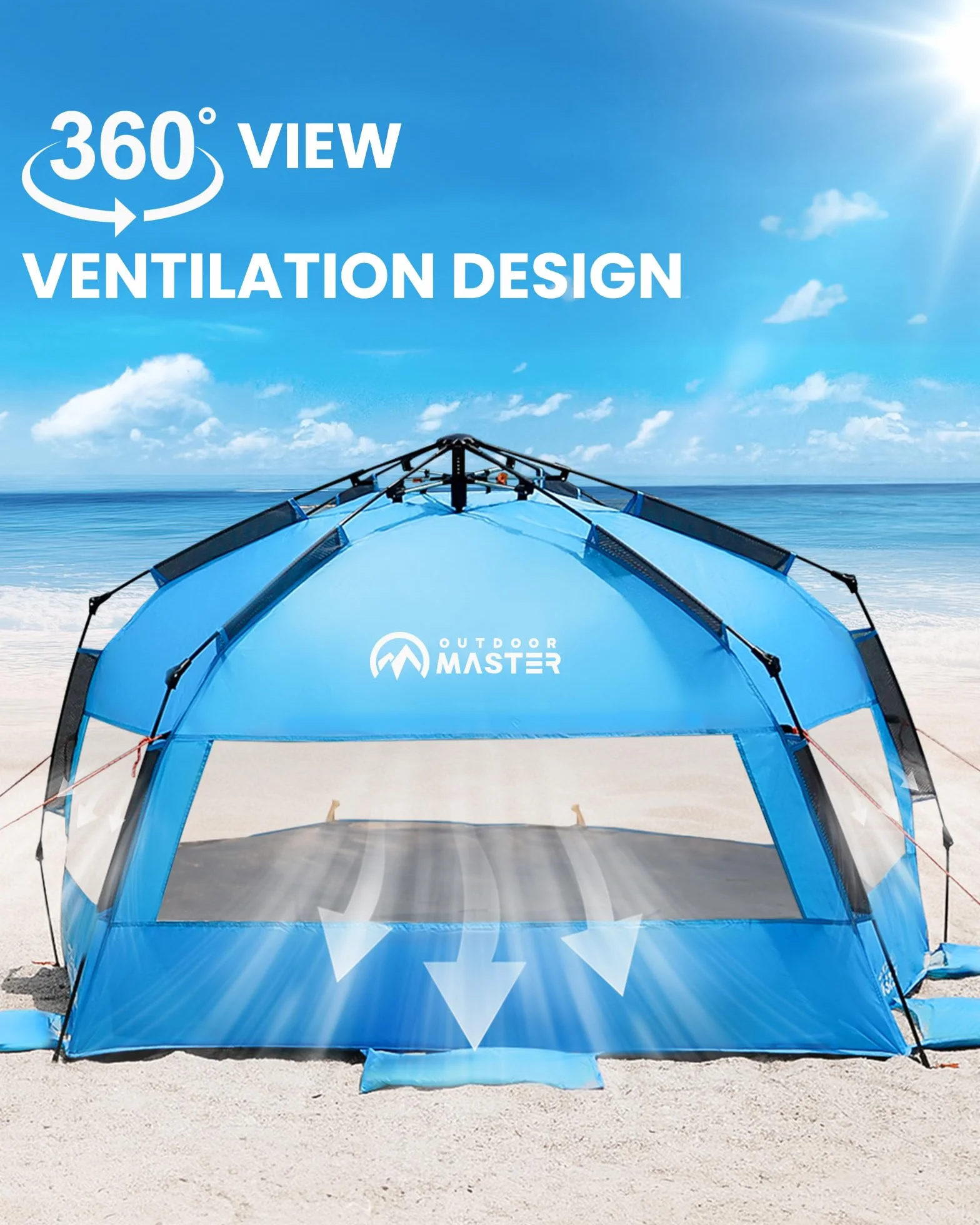 OutdoorMaster Pop Up 3-4-osobowy namiot plażowy XL, łatwy montaż, przenośny żagiel plażowy, składany żagiel przeciwsłoneczny z ochroną UV UPF 50+, zdejmowany świetlik, rozmiar rodzinny (niebieski)