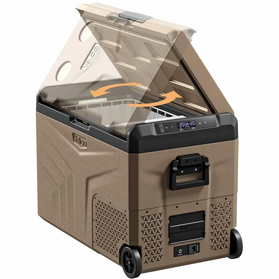 Yolco TCX50 piaskowa lodówka podróżna z kompresorem, 50 l + akumulator – Dual Zone, -20°C, 12/24 V i 230 V, aplikacja Bluetooth, lodówka i zamrażarka z rolkami, na kemping i w podróży