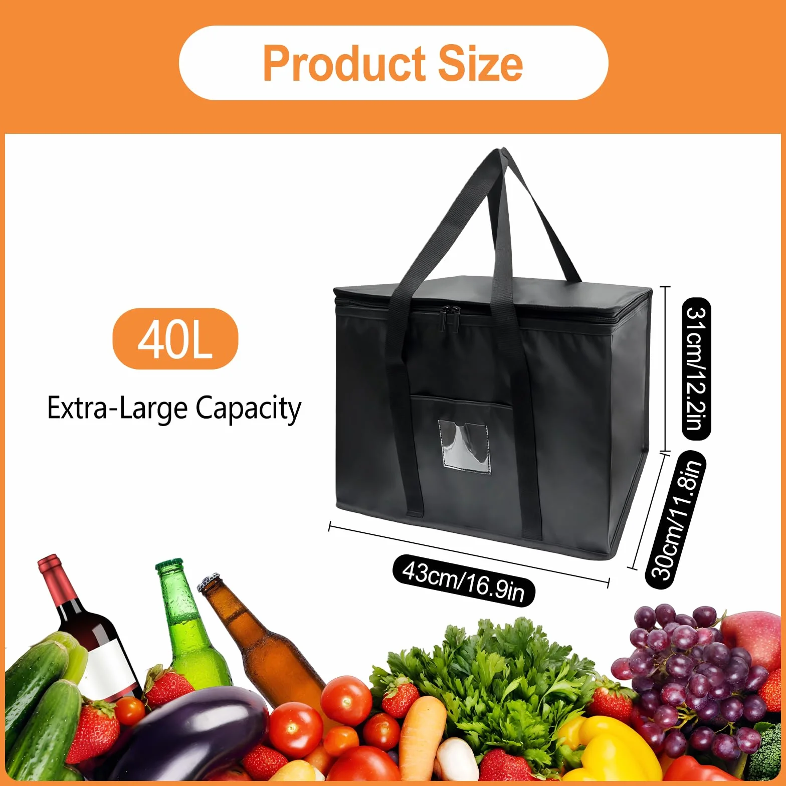 Torba chłodząca 40 l, torba chłodząca na zakupy, duża torba termiczna, składana torba termiczna, szczelna, wodoszczelna, na kemping, zakupy, podróże, na plażę (czarna, 43 x 30 x 31 cm)