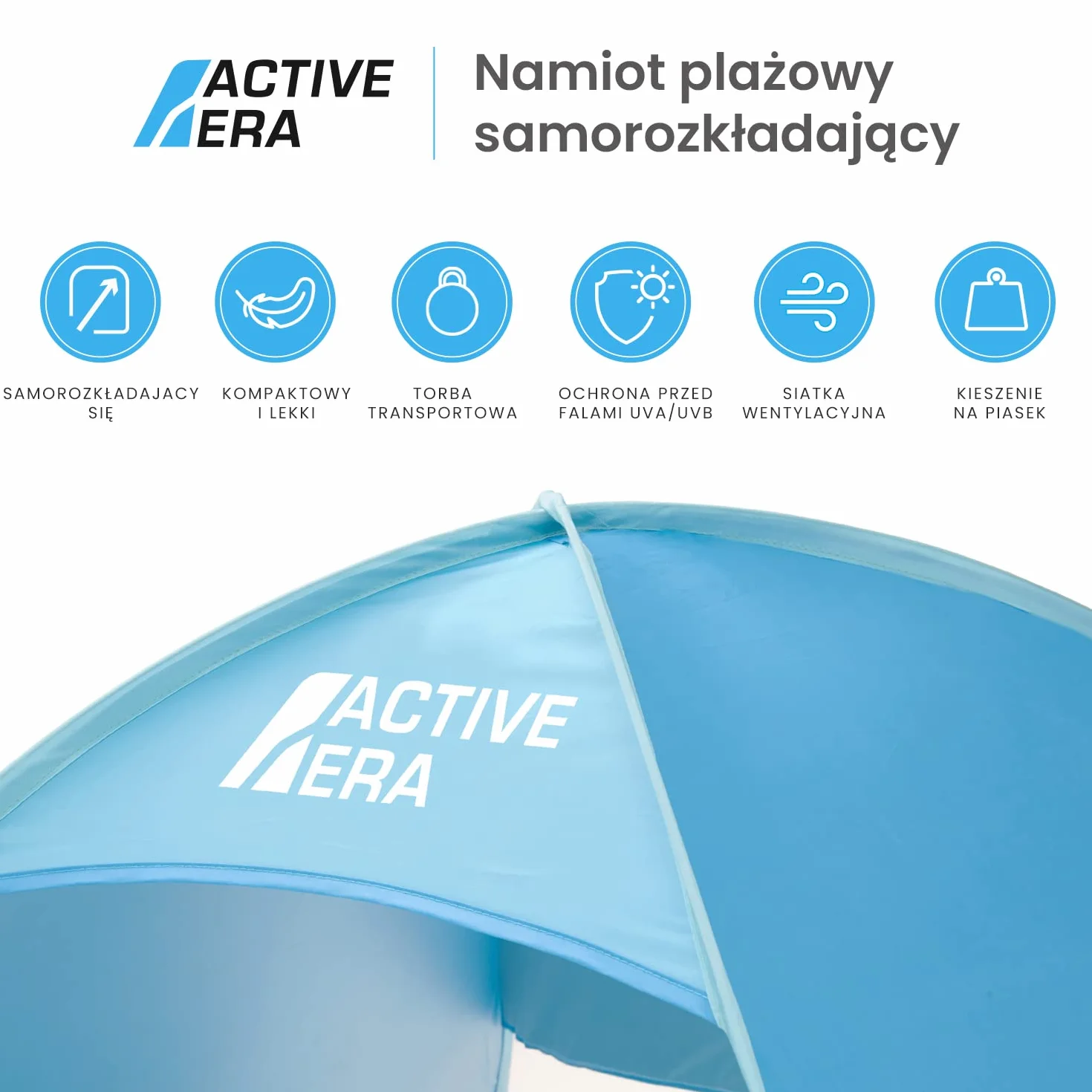 Active Era Namiot Plażowy Pop-Up, Samorozkładający, 2 3 Osobowy, Ogrodowy Dla Dzieci Na Plażę Dorosłych, Kempingowy Rozkładany Lekki Przeciwsłoneczny UPF 50+, z Moskitierą, Osłona przed Promieniowaniem, Niebieski
