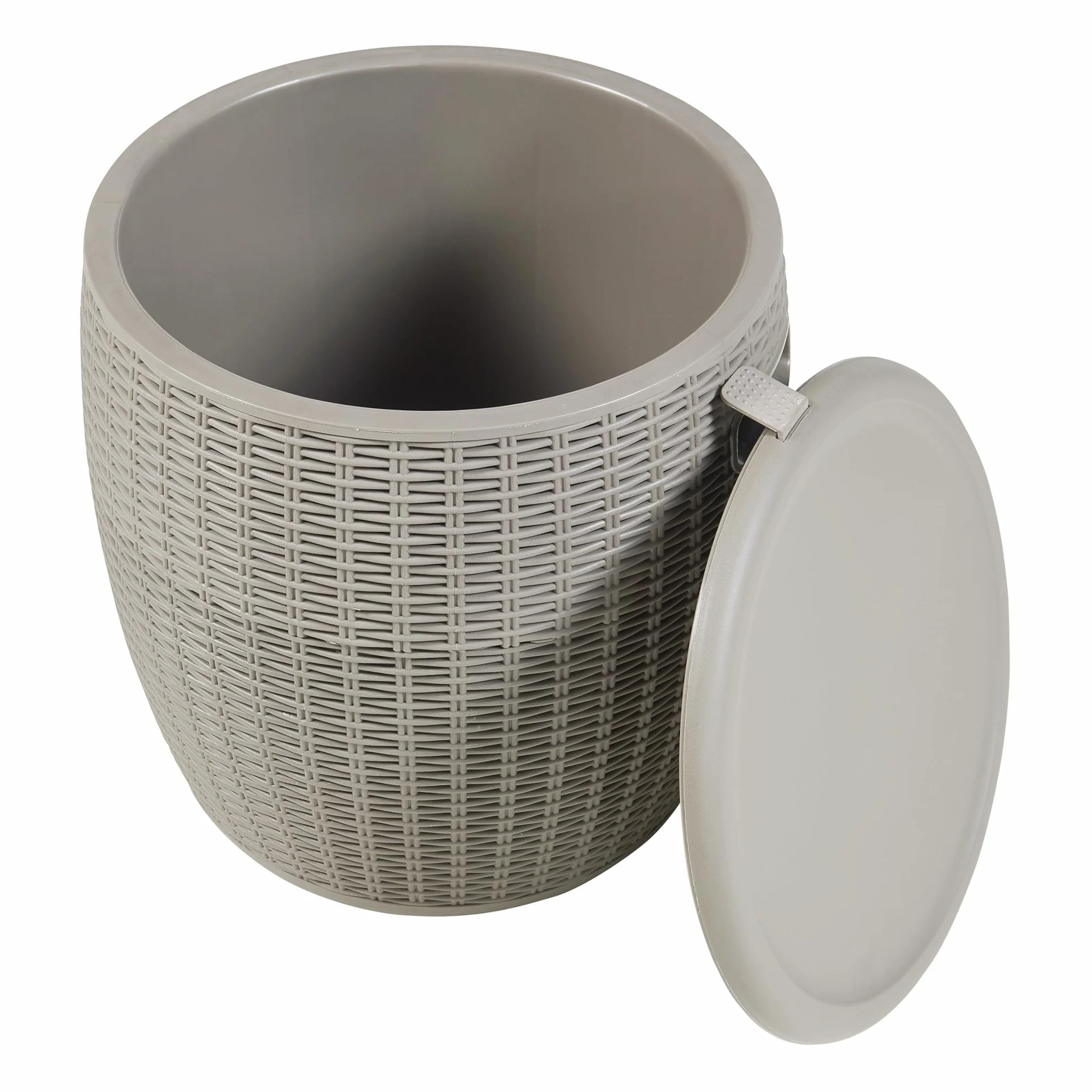 casa.pro Skrzynka chłodnicza Avetrana 4-w-1 stół pomocniczy na zewnątrz, stołek, 37 L, skrzynka ogrodowa, 44 x Ø40 cm, chłodzi napoje, stół ogrodowy, imitacja rattanu, jasnobrązowa