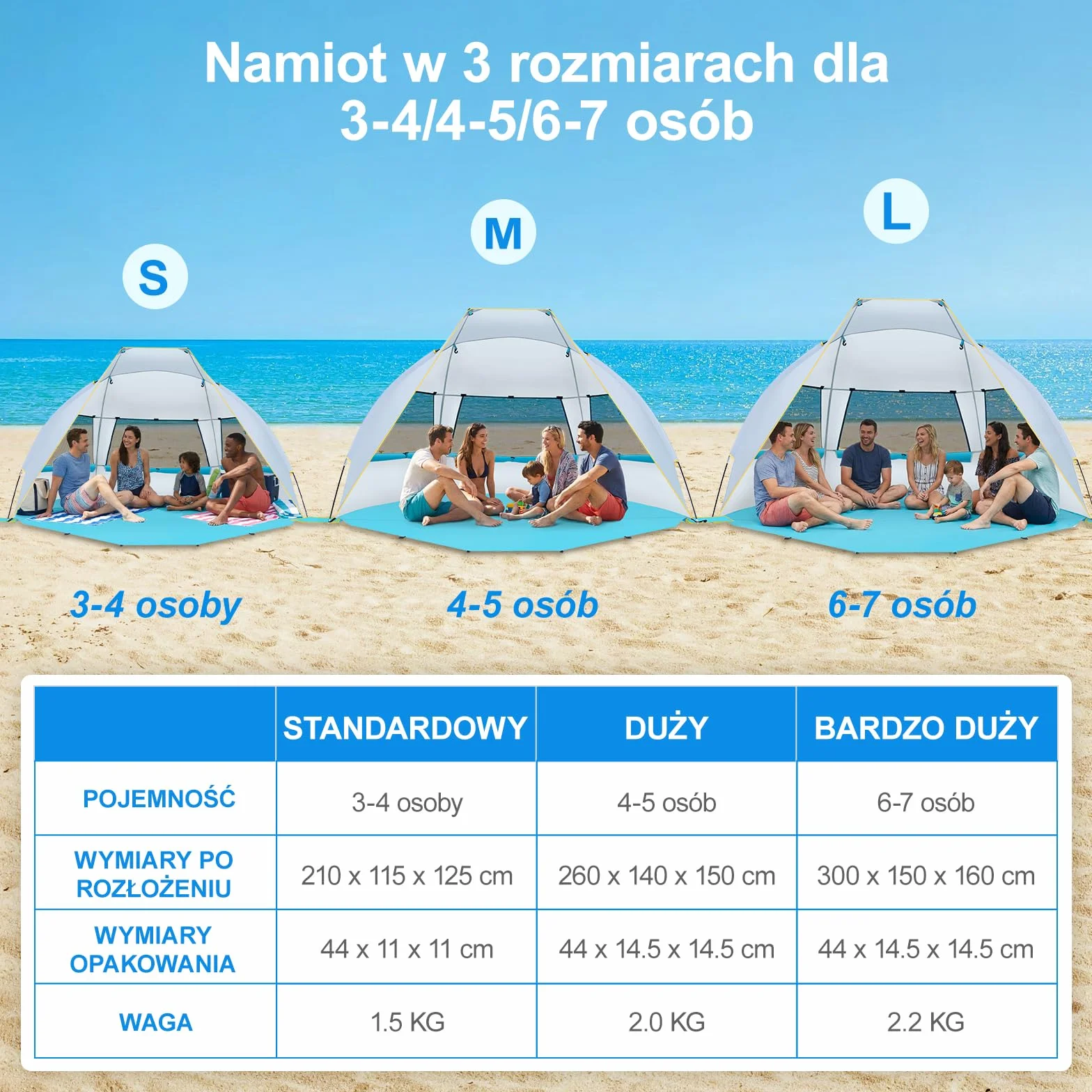 WolfWise muszla plażowa z ochroną UV 50+, namiot na plaży dla 2-3 osób, ochrona przed słońcem i wiatrem z rozszerzalnym dnem, przenośny namiot dla rodziny, kempingu, ogrodu, 210 x 115 x 125 cm (83 x