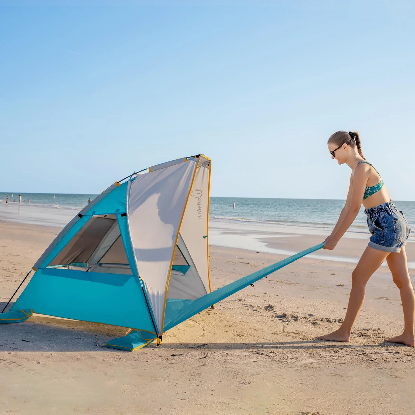 WolfWise muszla plażowa z ochroną UV 50+, namiot na plaży dla 2-3 osób, ochrona przed słońcem i wiatrem z rozszerzalnym dnem, przenośny namiot dla rodziny, kempingu, ogrodu, 210 x 115 x 125 cm (83 x
